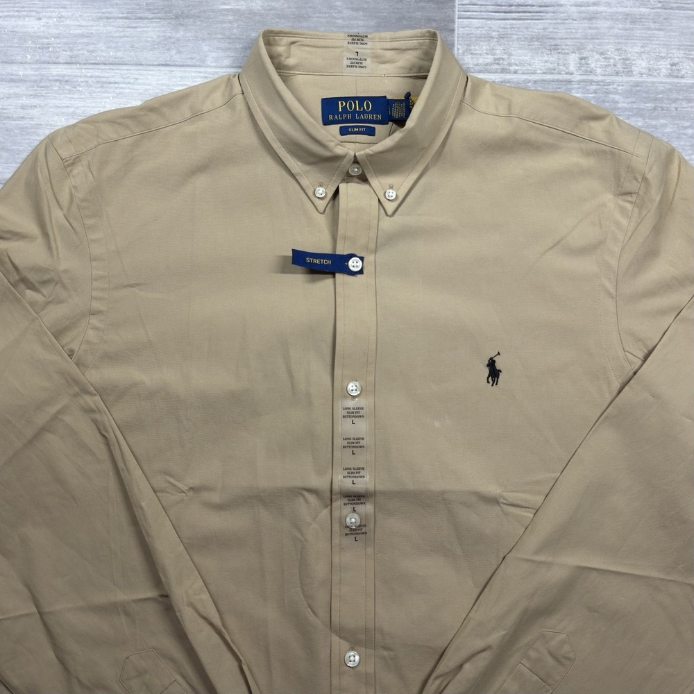 $125 Polo Ralph Lauren Men's Large Slim Fit Long Sleeve Button Down Shirt Beige